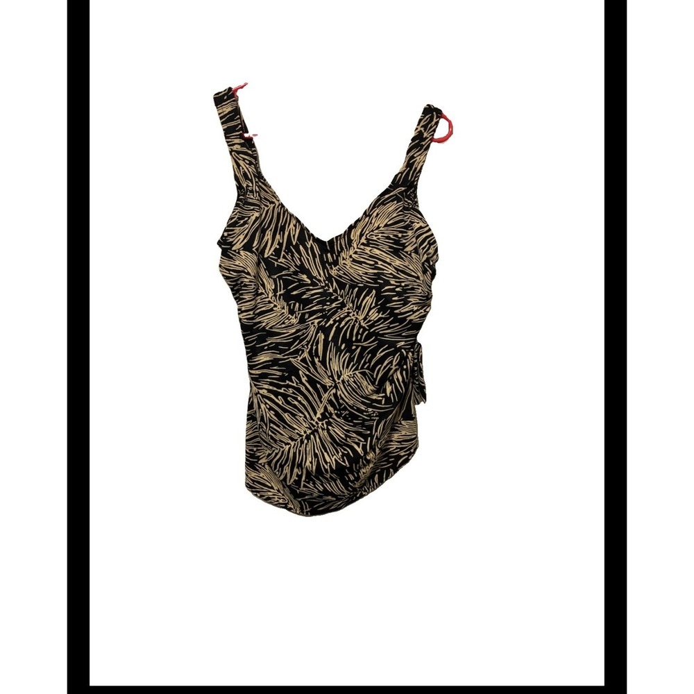Paradise Bay Women Black Tan Palm Leaf Print Side Tie Tankini Swim Top 20W